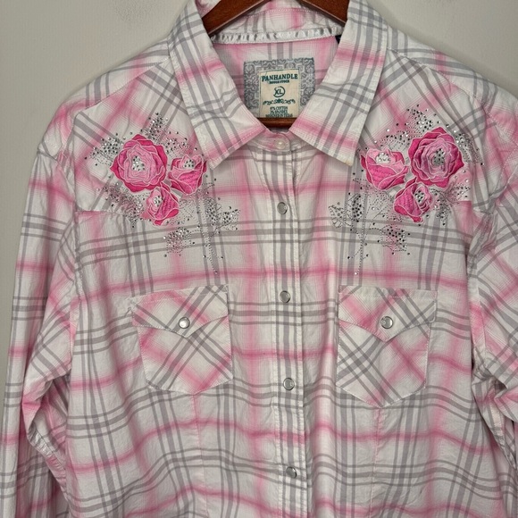 Panhandle Rough Stock Pink & White Plaid Floral Pearl Snap Button Down Size XL - Picture 4 of 13